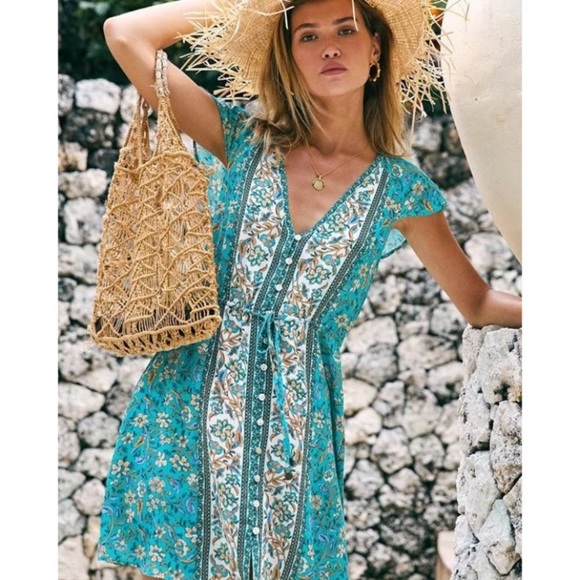 Turquoise Boho Floral Button Front Casual Dress - Picture 2 of 6